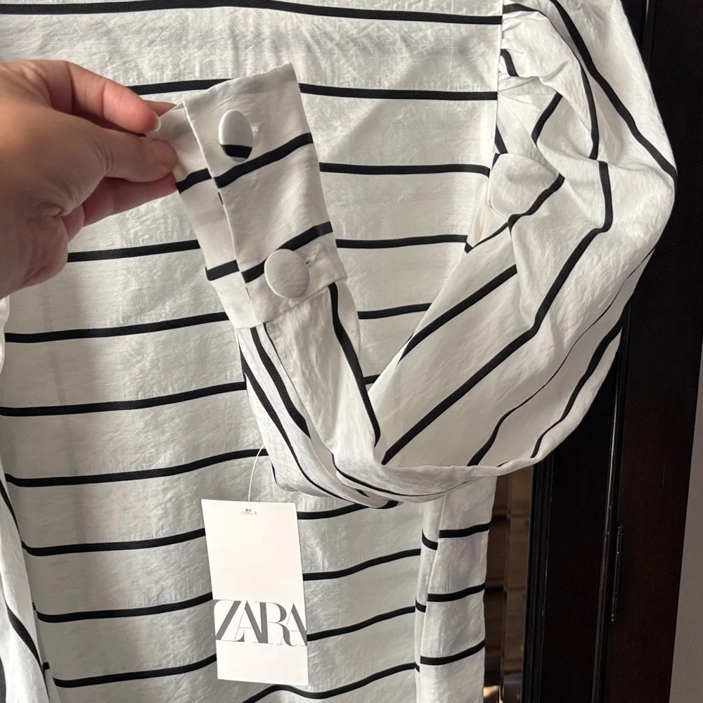 Zara White Top with Black Stripes and Puff Sleeves